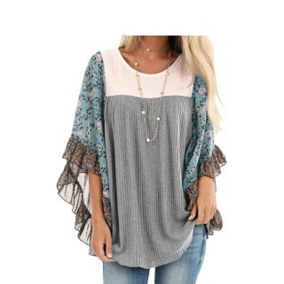 Tops - Boho Knit Top with Sheer Sleeves LARGE/XL